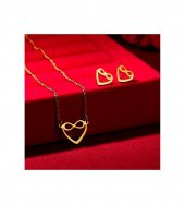 Kalp Model Sonsuzluk Detaylı 925 Ayar Gümüş Küpe Kolye Kadın Hediyelik Set - 1