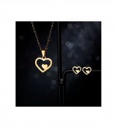 Kalp Model 925 Ayar Gümüş Küpe Kolye Kadın Hediyelik Set - 1