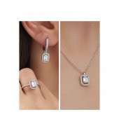 925 Ayar Gümüş Baget Kolye Küpe Yüzük Set Özel Gün Hediyesi - 1