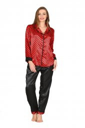 Saten Kırmızı Siyah Pijama Takim - 1