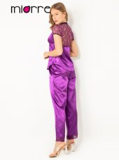 Kadın Dantel Detaylı Kısa Kollu Saten Pijama Takımı thumbnail 3