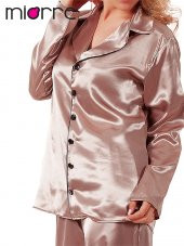 Kadın Uzun Kollu Önden Düğmeli Saten Pijama Takımı - 3