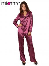 Kadın Uzun Kollu Önden Düğmeli Saten Pijama Takımı - 7