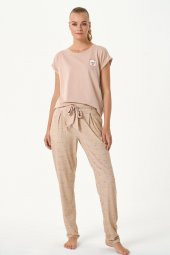 Kadın Kedi Nakışlı Ikili Pijama Takımı 4455 - Kahverengi thumbnail 2