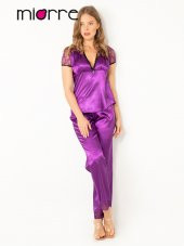 Kadın Dantel Detaylı Kısa Kollu Saten Pijama Takımı - 6