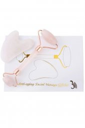 Pembe Kuvars Gua Sha Taşı Masaj Aleti Ve Face Roller 2li Seti Doğal Taş - 1