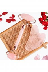 Pembe Kuvars Gua Sha Taşı Masaj Aleti Ve Face Roller 2li Seti Doğal Taş - 1