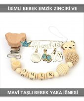 İsimli Bebek Emzik Zinciri ve Mavi Taşlı Bebek Yaka İğnesi - 1
