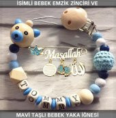 İsimli Bebek Emzik Zinciri ve Mavi Taşlı Bebek Yaka İğnesi - 1