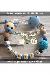 Isimli Bebek Emzik Zinciri Ve Mavi Taşlı Bebek Yaka Iğnesi - 1