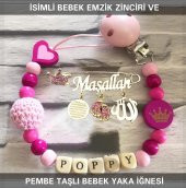 İsimli Bebek Emzik Zinciri ve Pembe Taşlı Bebek Yaka İğnesi - 1