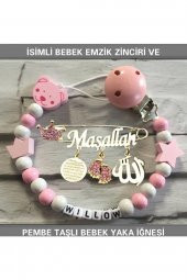 Isimli Bebek Emzik Zinciri Ve Pembe Taşlı Bebek Yaka Iğnesi - 1
