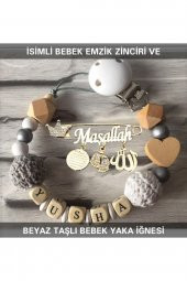 Isimli Bebek Emzik Zinciri Ve Beyaz Taşlı Bebek Yaka Iğnesi - 1
