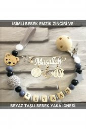 Isimli Bebek Emzik Zinciri Ve Beyaz Taşlı Bebek Yaka Iğnesi - 1