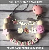 İsimli Bebek Emzik Zinciri ve Pembe Taşlı Bebek Yaka İğnesi - 1