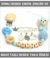 İsimli Bebek Emzik Zinciri ve Mavi Taşlı Bebek Yaka İğnesi BEZYI001 - 1