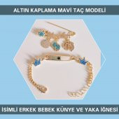 Altın Kaplama Mavi Taç Modeli İsimli Erkek Bebek Künye ve Yaka İğnesi IBCB068 - 1