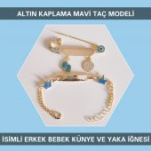 Altın Kaplama Mavi Taç Modeli İsimli Erkek Bebek Künye ve Yaka İğnesi IBCB066 - 1