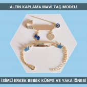 Altın Kaplama Mavi Taç Modeli İsimli Erkek Bebek Künye ve Yaka İğnesi IBCB065 - 1