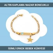 Altın Kaplama Nazar Boncuklu İsimli Erkek Bebek Künyesi IBCB039 - 1