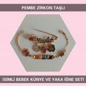 Pembe Zirkon Taşlı İsimli Bebek Künyesi ve Yaka İğnesi Seti - 1