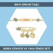 Mavi Zirkon Taşlı İsimli Bebek Künyesi ve Yaka İğnesi Seti - 1