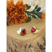 Aksesuar Çarşisi Kırmızı Zirkon Taşlı Kalp Tasarımlı Küpe thumbnail 5