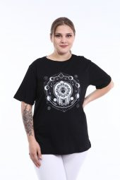 PianoLuce Kadın Büyük Beden Baskılı Yarım Kol T-shirt Siyah PLWM21TS010 - 1