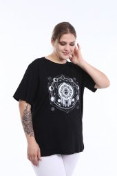 PianoLuce Kadın Büyük Beden Baskılı Yarım Kol T-shirt Siyah PLWM21TS010 - 6