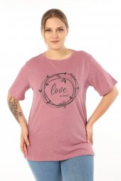 PianoLuce Kadın Büyük Beden Baskılı Yarım Kol T-shirt Açıkbordo PLWM21TS006 - 1