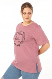 PianoLuce Kadın Büyük Beden Baskılı Yarım Kol T-shirt Açıkbordo PLWM21TS006 - 4