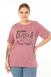 PianoLuce Kadın Büyük Beden Baskılı Yarım Kol T-shirt Açıkbordo PLWM21TS007 - 1
