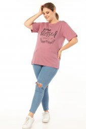 PianoLuce Kadın Büyük Beden Baskılı Yarım Kol T-shirt Açıkbordo PLWM21TS007 - 6