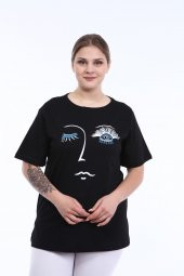 PianoLuce Kadın Büyük Beden Baskılı Yarım Kol T-shirt Siyah PLWM21TS001 - 1