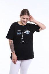 PianoLuce Kadın Büyük Beden Baskılı Yarım Kol T-shirt Siyah PLWM21TS001 - 2