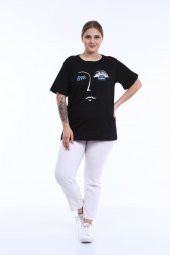 PianoLuce Kadın Büyük Beden Baskılı Yarım Kol T-shirt Siyah PLWM21TS001 - 6