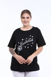 PianoLuce Kadın Büyük Beden Baskılı Yarım Kol T-shirt Siyah PLWM21TS004 - 2