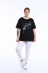PianoLuce Kadın Büyük Beden Baskılı Yarım Kol T-shirt Siyah PLWM21TS004 - 6