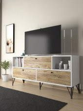 Woodn Love Mia 160 Cm Metal Ayaklı Tv Ünitesi - Konsol - Beyaz - Atlantik Çam / Siyah - 1
