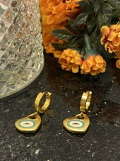 Aksesuar Çarşısı Çelik Mineli Nazar Boncuklu Kalp Küpe thumbnail 3