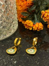 Aksesuar Çarşısı Çelik Mineli Nazar Boncuklu Kalp Küpe thumbnail 4