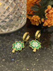 Aksesuar Çarşısı Çelik Yeşil Sedefli Yonca Küpe thumbnail 2