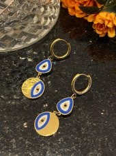 Aksesuar Çarşısı Çelik Çift Nazar Boncuklu Sallantılı Küpe thumbnail 1