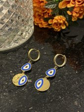 Aksesuar Çarşısı Çelik Çift Nazar Boncuklu Sallantılı Küpe thumbnail 3