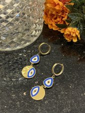 Aksesuar Çarşısı Çelik Çift Nazar Boncuklu Sallantılı Küpe thumbnail 5