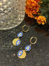 Aksesuar Çarşısı Çelik Çift Nazar Boncuklu Sallantılı Küpe thumbnail 8