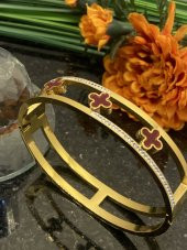 Aksesuar Çarşısı Çelik Özel Tasarım Kırmızı Yonca Zirkon Taşlı Kelepçe Bileklil thumbnail 2