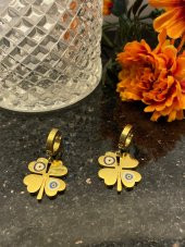 Aksesuar Çarşısı Çelik Nazar Boncuklu Yonca Küpe Gold thumbnail 1