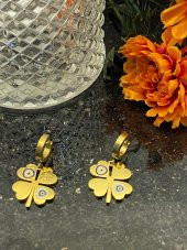 Aksesuar Çarşısı Çelik Nazar Boncuklu Yonca Küpe Gold thumbnail 2