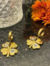 Aksesuar Çarşısı Çelik Nazar Boncuklu Yonca Küpe Gold thumbnail 5